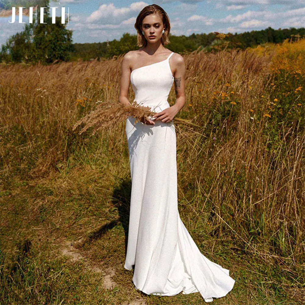 JEHETH Lace Appliques Wedding Dresses For Women Satin Elegant A Line Illusion Back With Button Bride Dress Vestidos de Novia