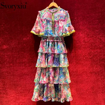 

Svoryxiu Runway Designer Summer Vintage Party Long Dresses Women's Gorgeous Flower Print Cascading Ruffle Cake Dress Vestdios