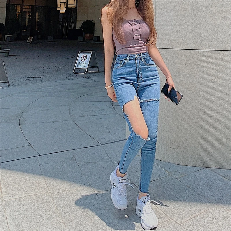 

Make firm offers! Han edition chic tight elastic packet hip jeans personality big hole in nine minutes of pants