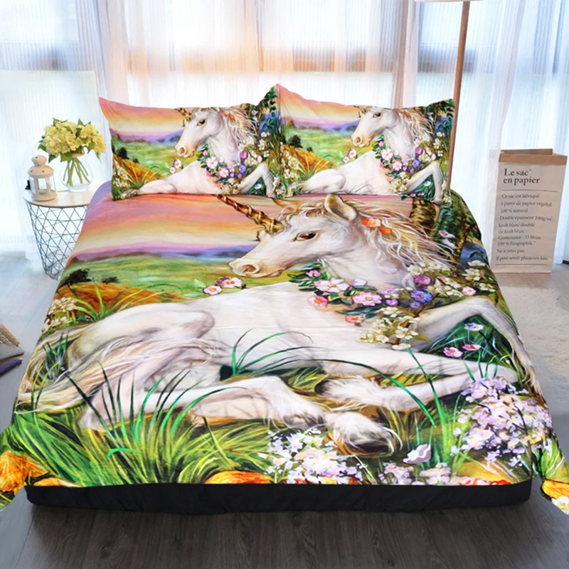 

High Quality 3 Pieces Duvet Cover Set 3D Painting Unicorn Bed Linen Set Cute Kid Quiltren Cover And Pillowcase