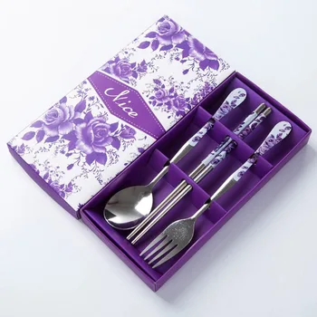 

Blue and white porcelain cutlery set three-piece set Stainless steel chopsticks spoon fork gift set gift wholesale Dropshipping