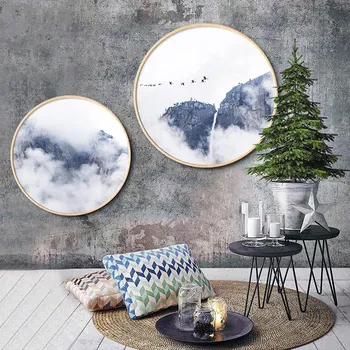 

New China style INS solid wood round decorative painting simple modern living room paintings restaurant Abstract ink landscape