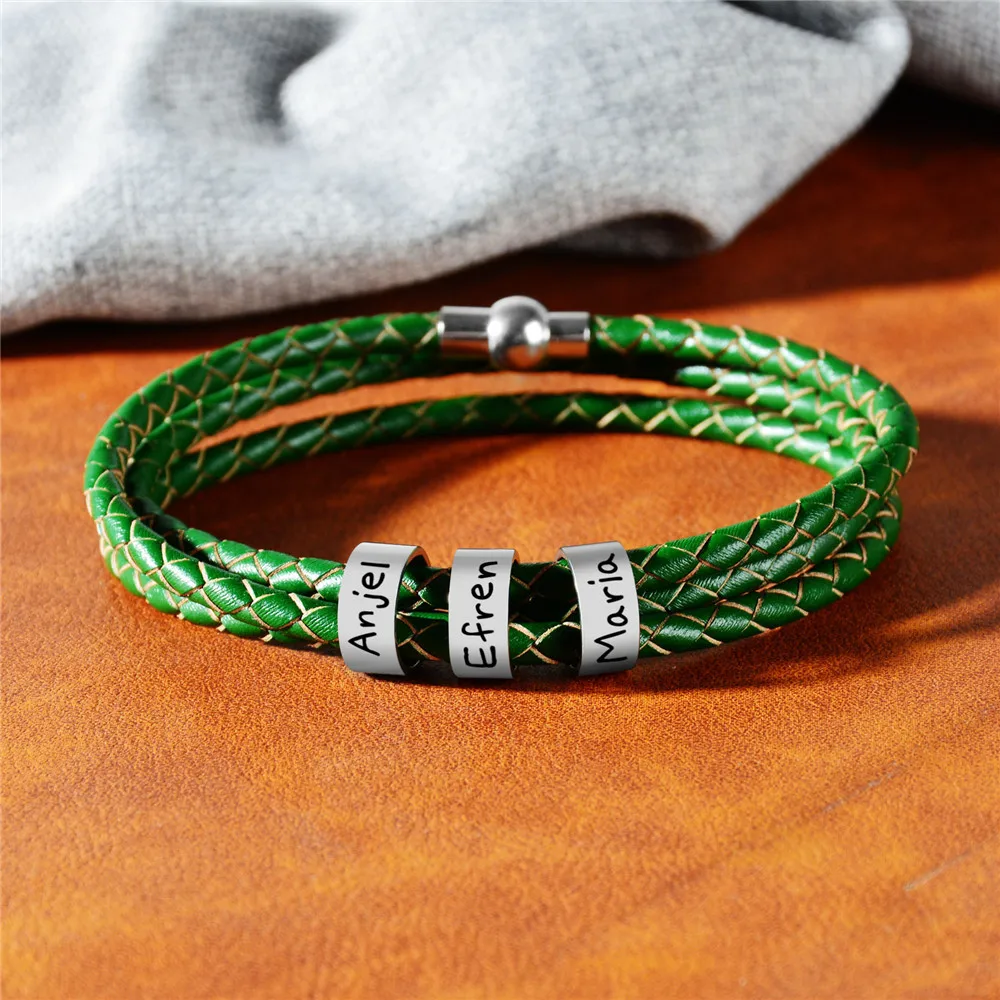 Personalized Jewelry Women Mens Stainless Steel Charm Bracelets Genuine Leather Braided Rope Custom With 1-9 Names Beads Gift