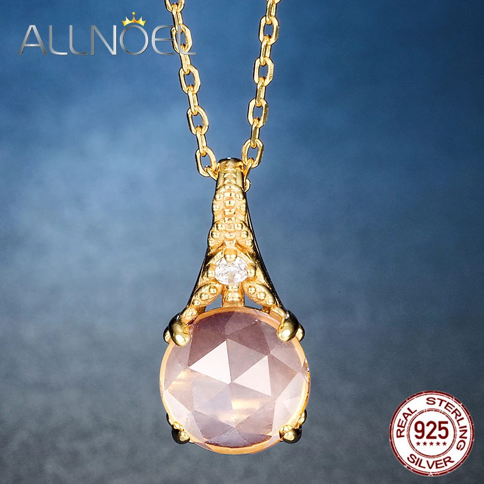 

ALLNOEL 925 Sterling Silver Pendant Necklaces For Women Natural Rose Quartz Collocation zircon Design Wedding Jewelries Necklace
