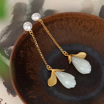 

Yilu silver S925 pure silver gold-plated Hetian jade orchid pearl lady Earrings high quality long earrings