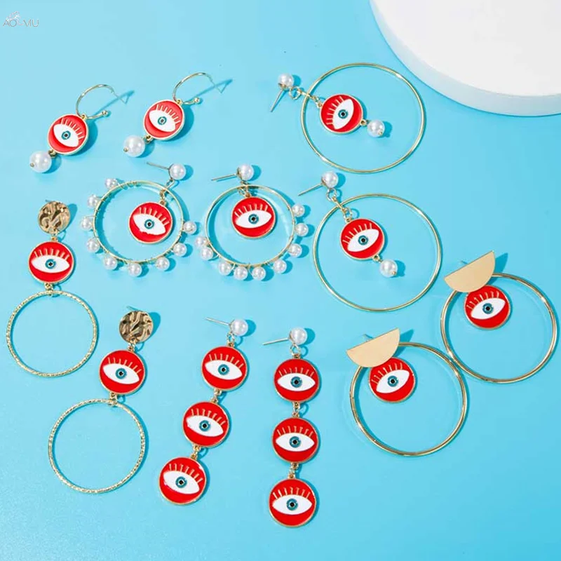 AOMU новые красные серьги в форме глаз модные геометрические длинные висячие серьги для женщин жемчужные эмалированные ювелирные изделия в виде сердца