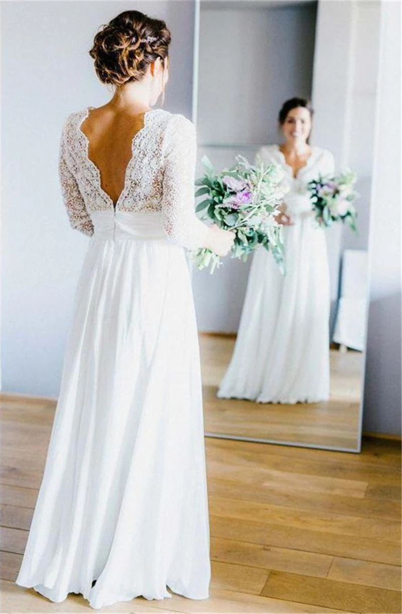 casamento gelinlik Boho Lace Chiffon Wedding Dresses Sexy Open Back Bride Wedding Gowns Long Sleeves Bohemia Beach Wedding Dress (3)