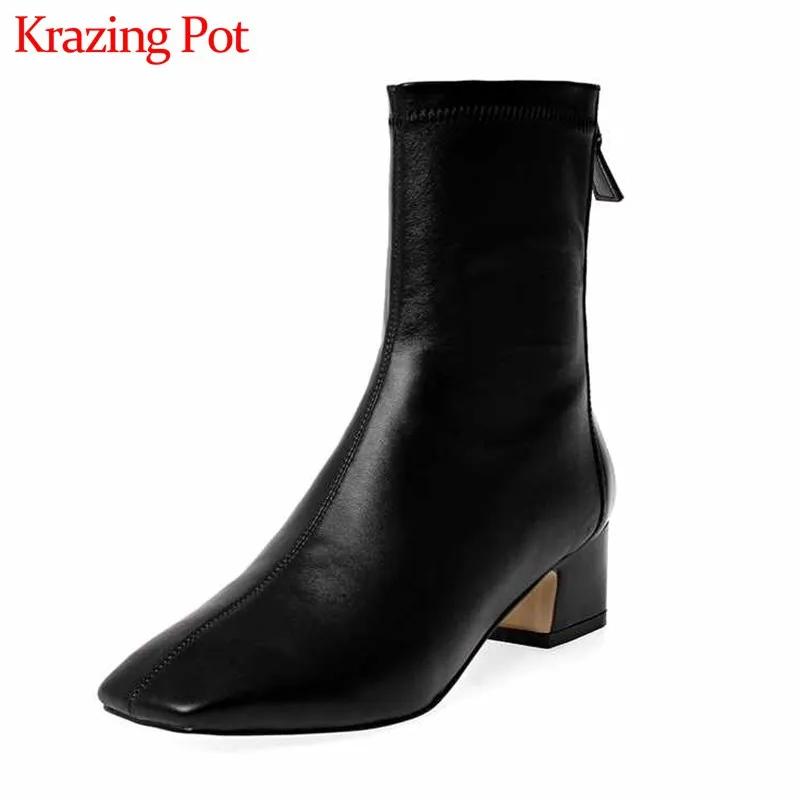 

Krazing Pot Korean fashion stretch slim boots simple style solid square toe med heels winter keep women zipper ankle boots L02