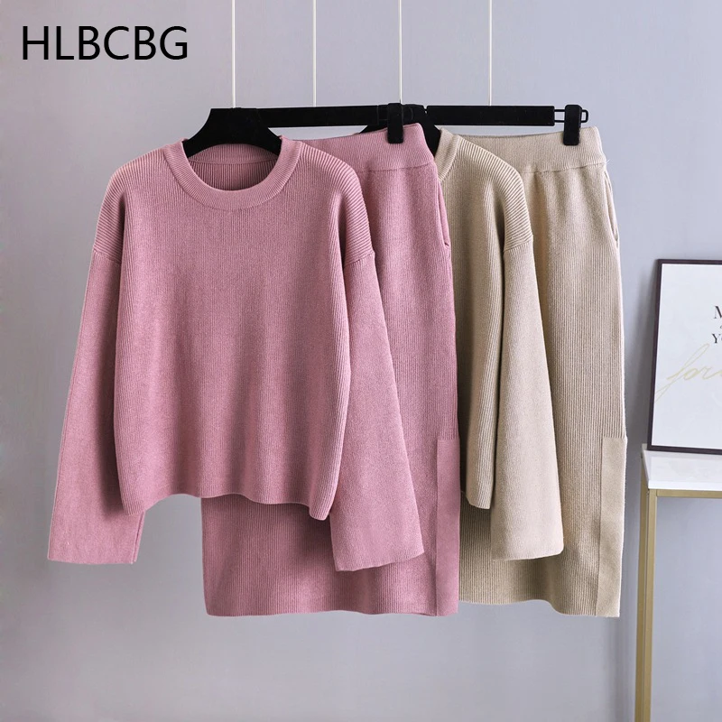 O-Neck Lazy Oversize Thick Warm Sweater Suit Dress Women Casual Loose Straight Skirt Pocket Feamle Set |