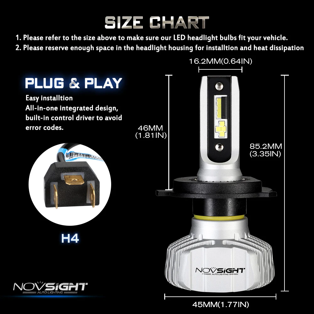 NOVSIGHT 50 Вт 10000LM Автомобильный светодиодный головной светильник H4 Hi/короче спереди и длиннее сзади) H7 H1 H3 H11 H13 9005 9006 9007 Nighteye 6500 к светильник лампы авто фары комплект