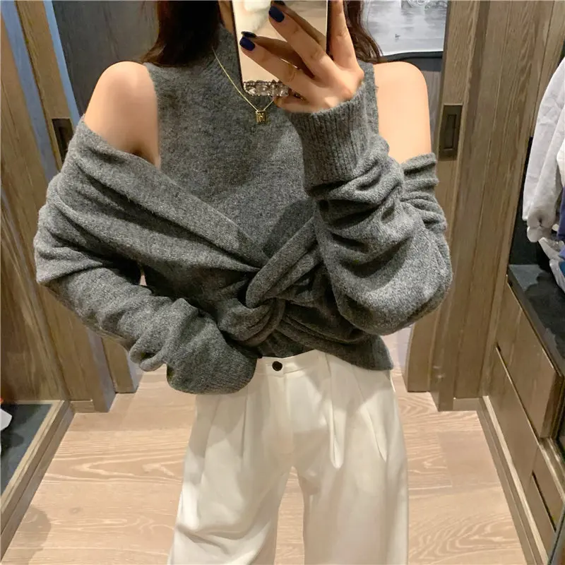 Hzirip 2020 Chic Crossed V-Neck Sweet New Bare-Shoulders Warm Fashion Brief Solid Knitted Full-Sleeved Sexy Pullovers Sweater | Женская