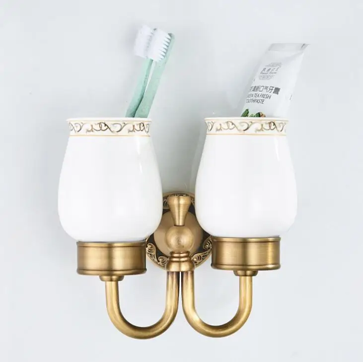 wall mount antique double cup holder Brass+Glass Bathroom Accessories cup Tumbler Holders,Toothbrush Cup Holders F8308