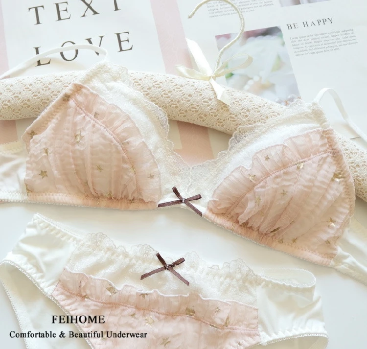 Pink Милый комплект с бюстгальтером с треугольными чашечками для девочек-подростков, шифоновое нижнее белье со звездами, комплект нижнего белья с тонкой секцией, комплект женского нижнего белья - Цвет: Pink