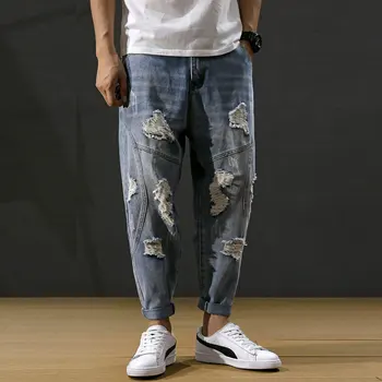

Fashion Streetwear Men Jeans Loose Fit Destroyed Harem Pants Retro Blue Designer Ripped Jeans Big Size 28-42 Hip Hop Jeans Men