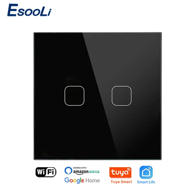 EsooLi Tuya Smart Life Glass Panel EU/UK Standard Touch Switch Zero/Single Fire Line Voice Control Light Wireless Wall Switch WIFI Black 2 Gang