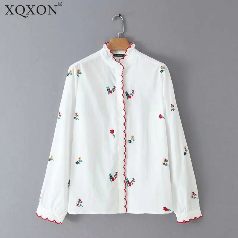 

2019 Fall Women Embroidery Flower White Shirt Long Sleeve Ruffles Shirts Village Blouses Tops