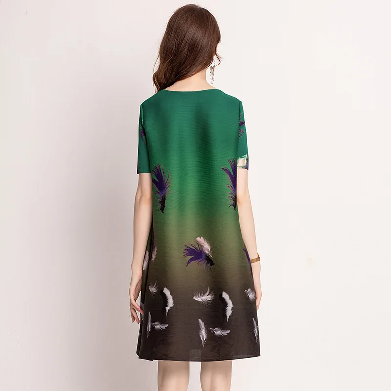 Digital feather dress summer fashion women's pleated elastic dress MIYAKE pleats please dress free shipping