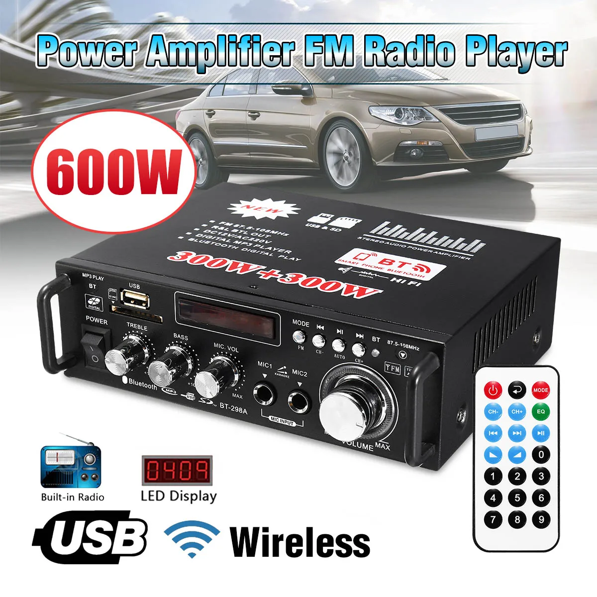 12V/ 220V BT-298A 2CH LCD Display Digital HIFI Audio Stereo Power Amplifier bluetooth FM Radio Car Home 600W with Remote Control ► Photo 1/6