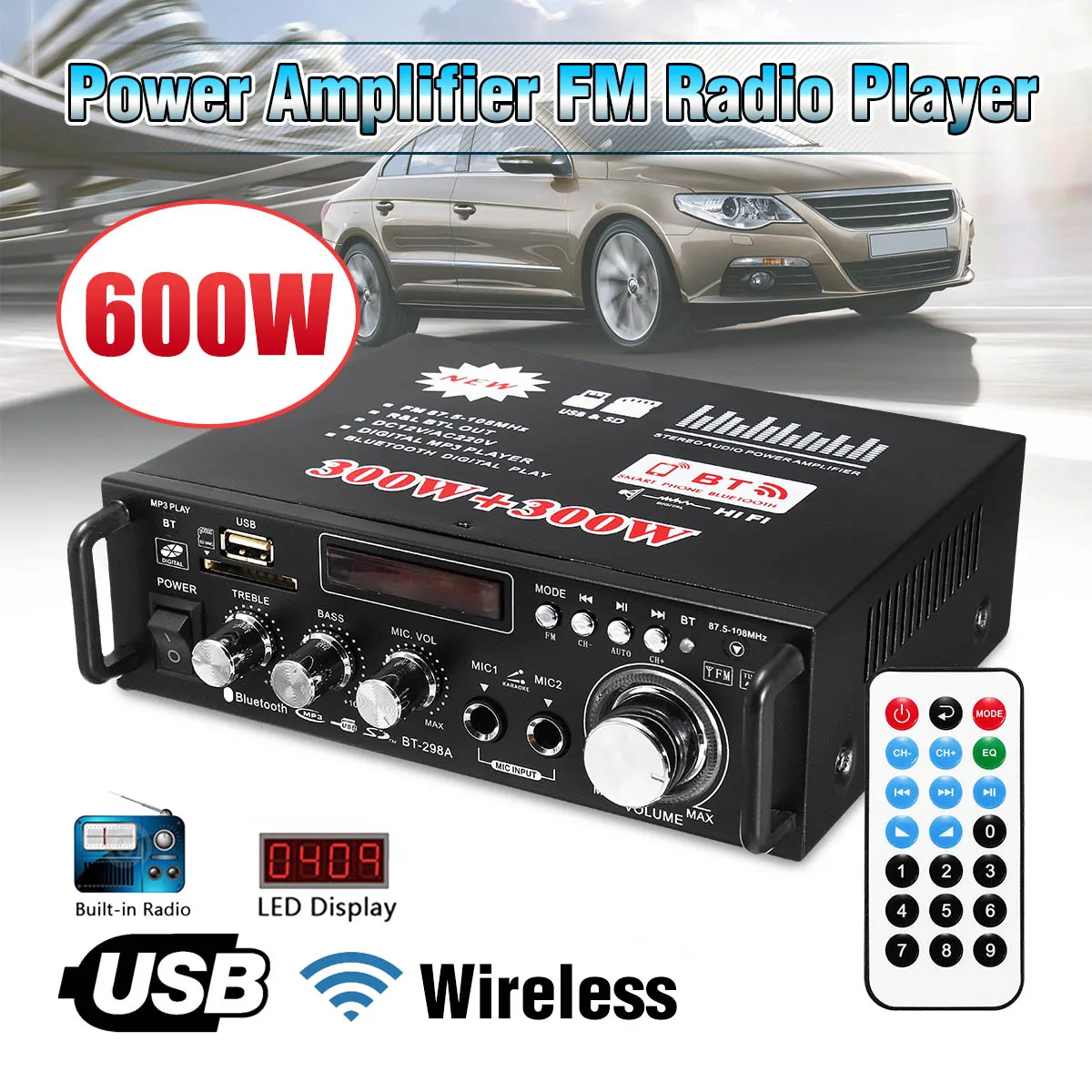 Цифровой Hi Fi аудио усилитель мощности 12 В/220 В 2 канала ЖК дисплей bluetooth FM радио 600