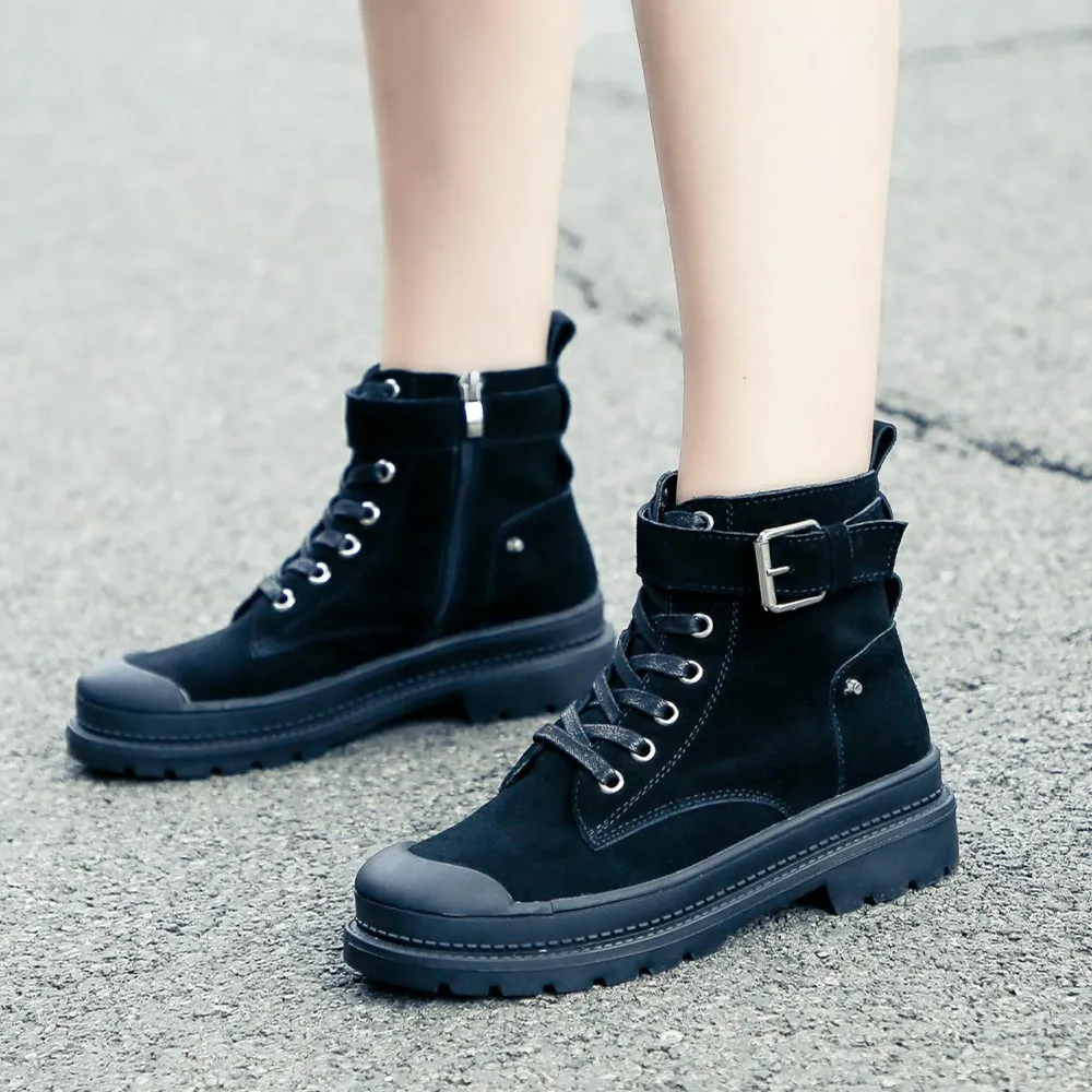 

2018 Autumn & Winter Europe And America Biker Boots Chunky Heel Genuine Leather Kick Workwear WOMEN'S Boots Warm WOMEN'S Boots