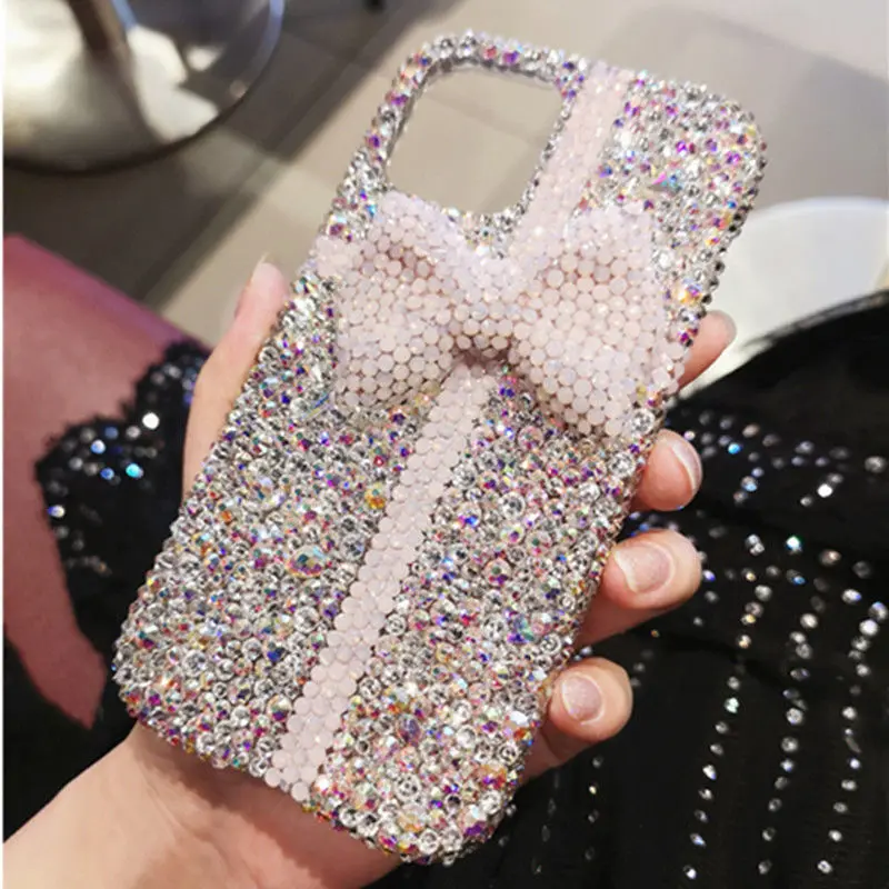 Handmade Diamond Cute Pink Bow Back Cover for IPhone 12 Pro Max Case for Iphone12 Mini X Xr Xs 11 Pro Max Case with Wrist Chain