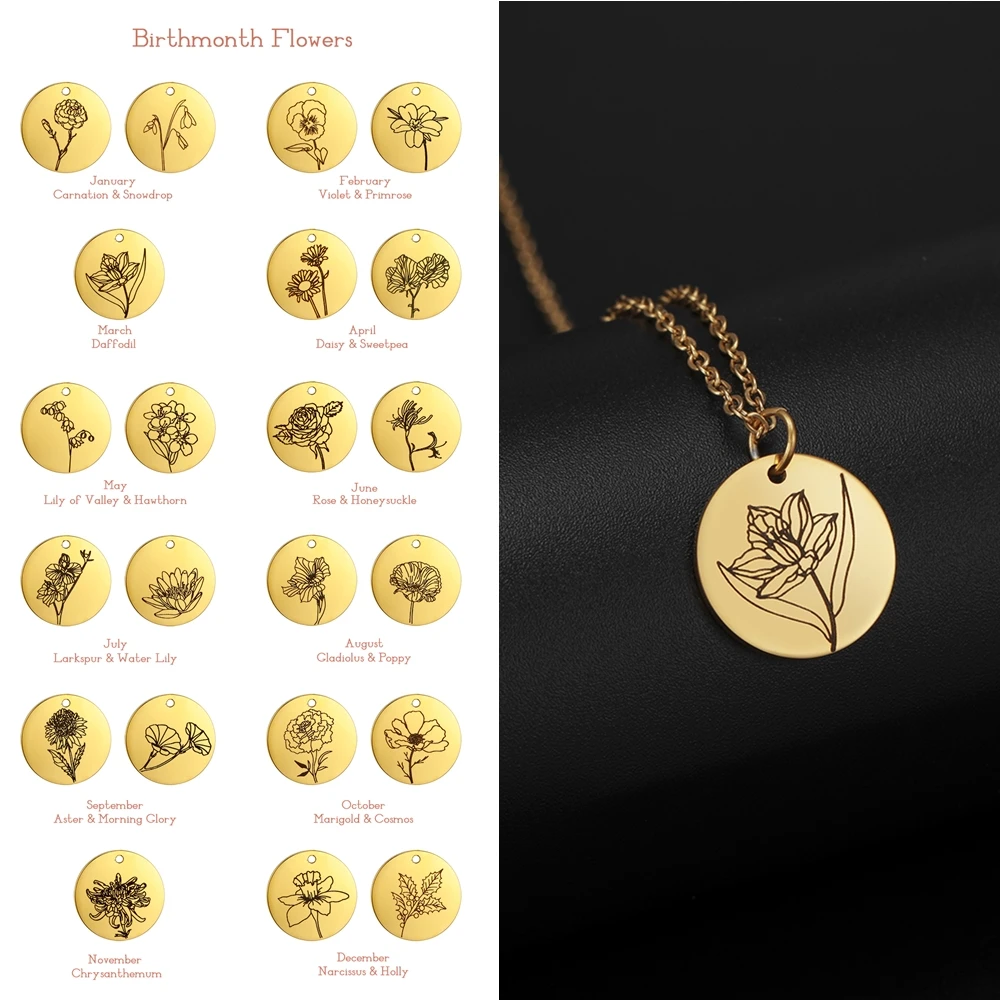 

My Shape Birth Flowers Necklace Monthly Floral Rose Daisy Stainless Steel Pendant Necklaces Fashion Jewelry Choker Birthday Gift
