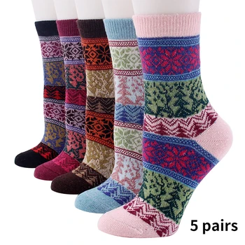 

5pairs Women Socks Printed Cozy Gift Elastic Thick Knit Daily Cold Weather Winter Warm Thermal Soft Vintage Artificial Wool