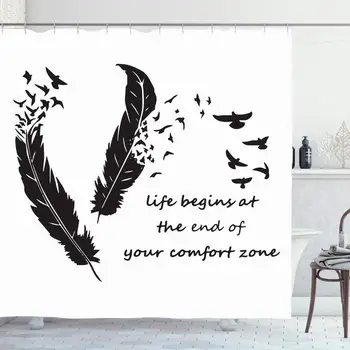 

Shower Curtain Set with Hooks 72x72 Inches Black Feathers Line Elegant Vintage Begins Flying Abstract Fashion Birds Life