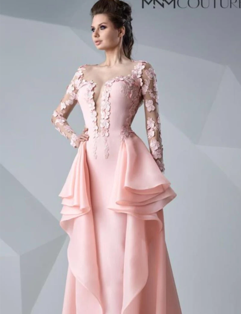 

Saudi Arabia Formal Long Sleeve O-Neck Ruffles Tiers Elegant Pink Long Evening Sheer Back Abendkleider mother of the bride dress