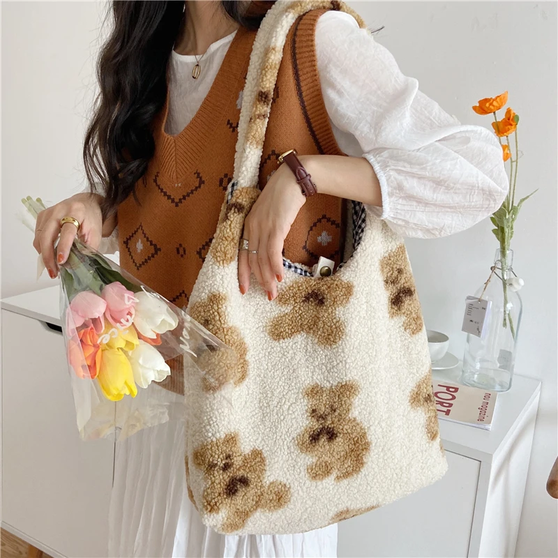 Womens Handbag Tote-Bags Hylhexyr Plush Bear Portable Student Soft Cashmere Autumn Winter