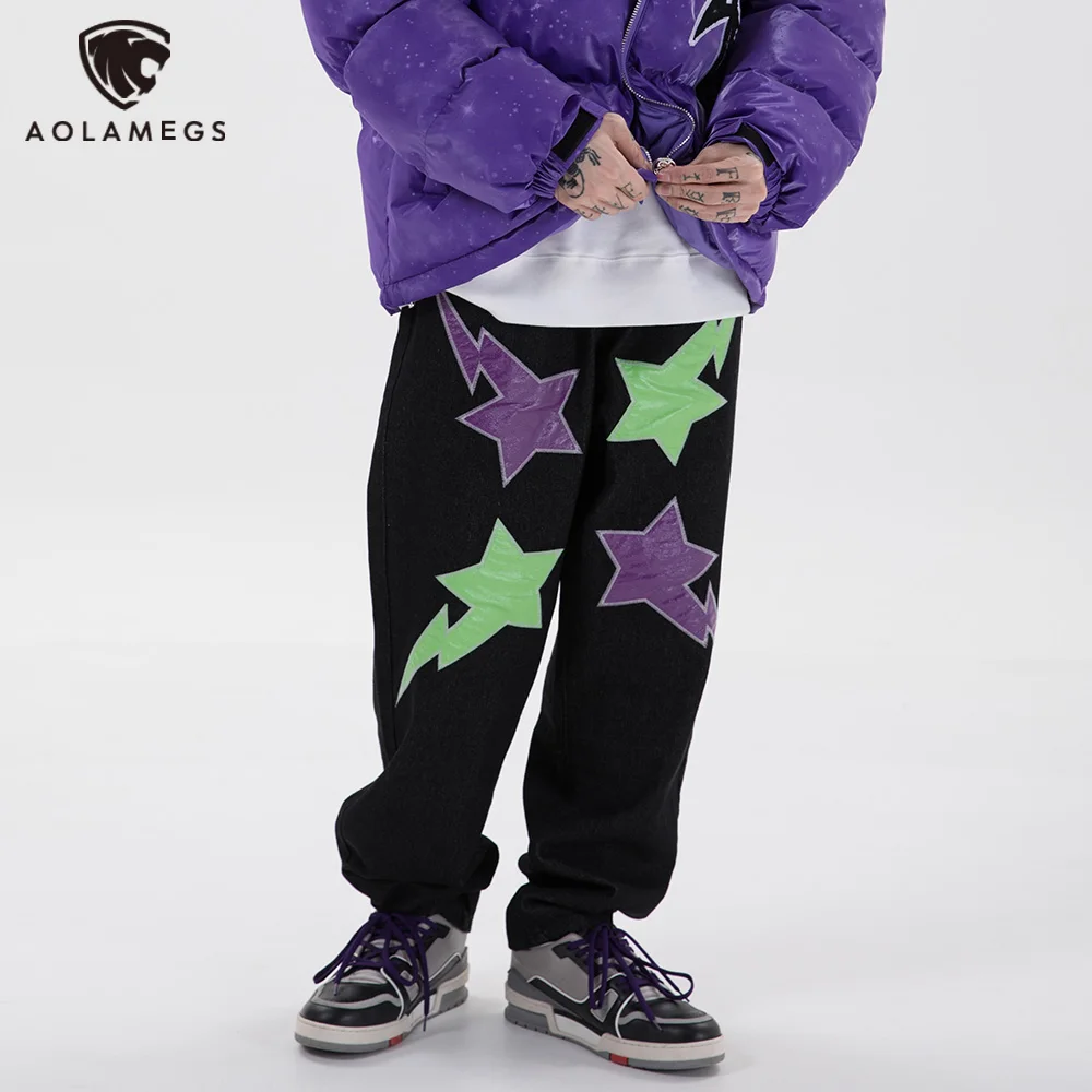 Aolamegs Embroidery Letter Graphic Patch Jeans Men Denim Pants Autumn