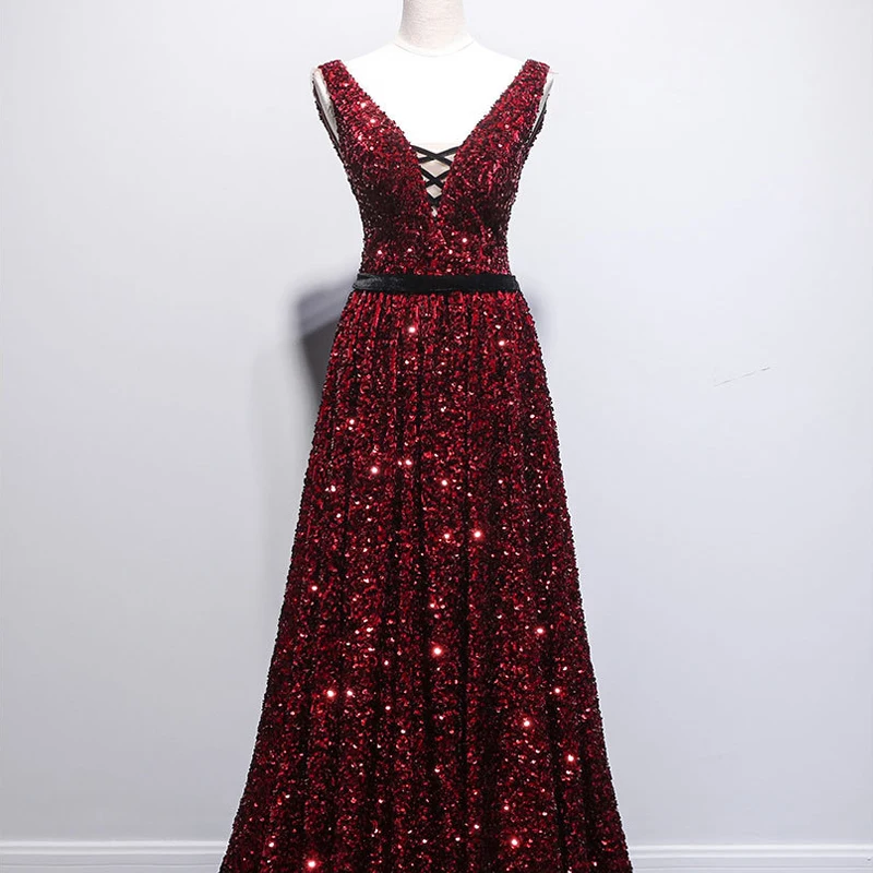 

Burgundy Prom Dresses for Women Plus Size V Neck Lace Up Vintage Sequin Glitter Long Formal Evening Gown for Cocktail Party 2021