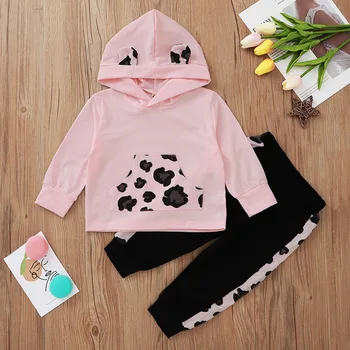 

2020 Kid Girls 2 PCS Sweatshirt Set Pink Long Sleeve Hooded Top and Pants Leopard Baby Girl Fall Clothes Dropshipping