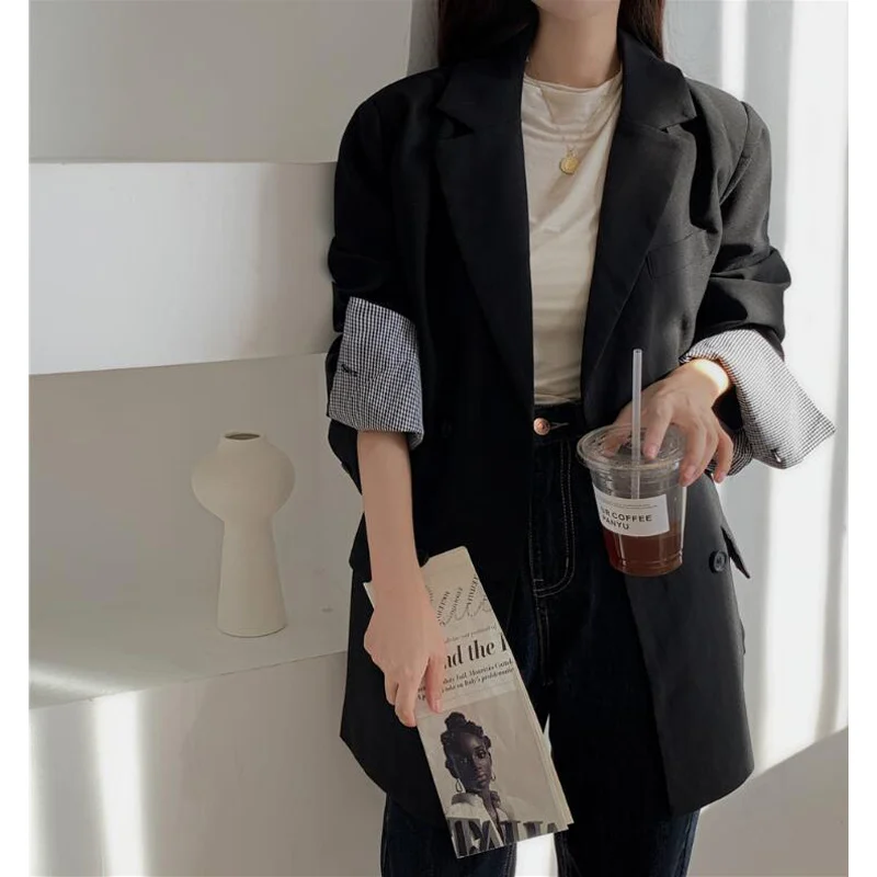 

New 2020 Autumn Winter Women's Blazers Plaid Buttons Pockets Jackets Notched Vintage Oversize Office Lady Tops CL721