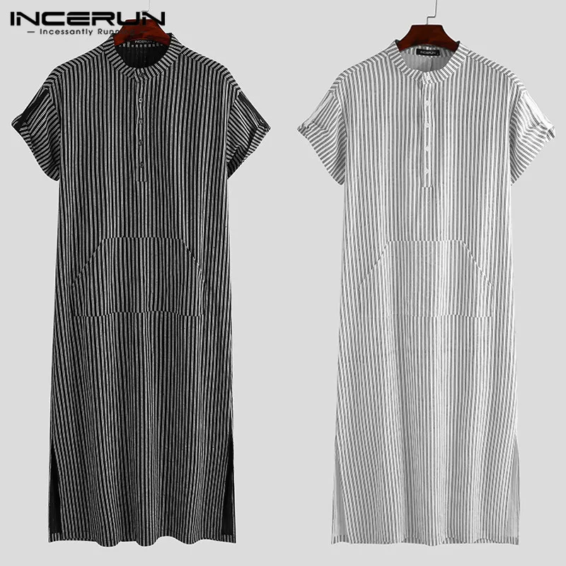INCERUN Men Striped Jubba Thobe Men Islamic Arab Casual Short Sleeve Cotton Pockets Muslim Kaftan Robes Dubai Clothing S-5XL