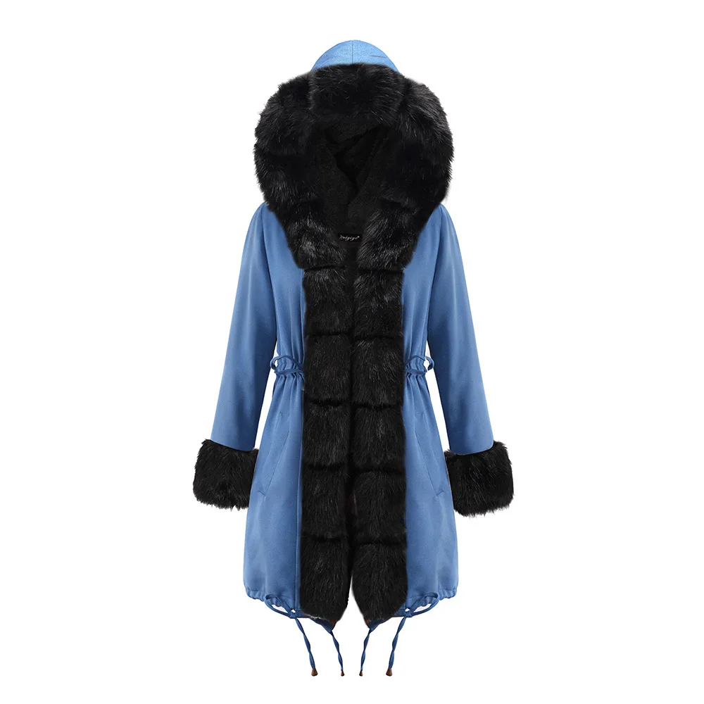 Зимняя женская куртка с большим меховым поясом с капюшоном, толстая пуховая парка, Длинная женская куртка, пальто размера плюс, теплая зимняя верхняя одежда, новинка L0191 - Цвет: 19D014-blue