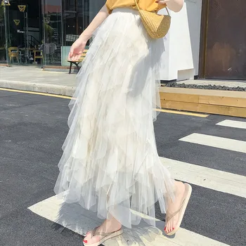 

Spring Women Elastic Waist Pleated Skirt 2020 Mid-calf Ruffles Tutte Skirts Women Clothing Casual Solid Color Midi Korean Skirts