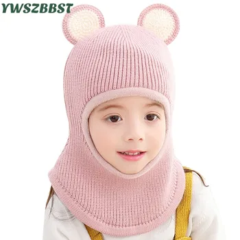 

New Autumn Winter Bear Ear Knitted Baby Hat Warm Windproof Plus Velvet Boys Girls Hooded Hat Scarf Kids Hat Baby Cap