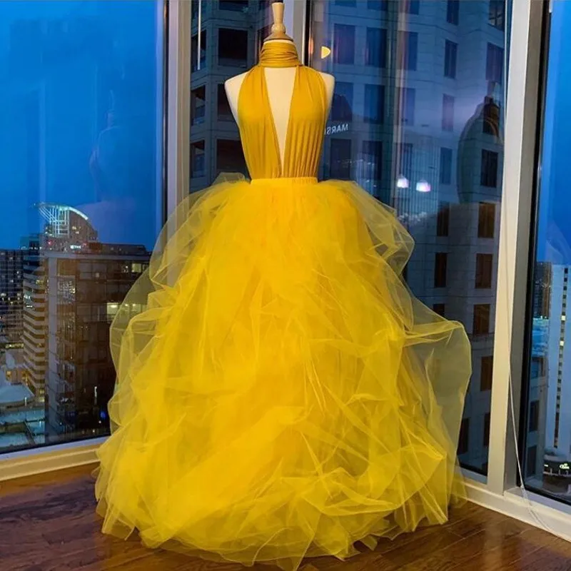

Yellow High Neck prom Dresses Floor Length Puffy Tulle Deep V Neck Sexy Evening Dress Backless Dubai vestidos de gala
