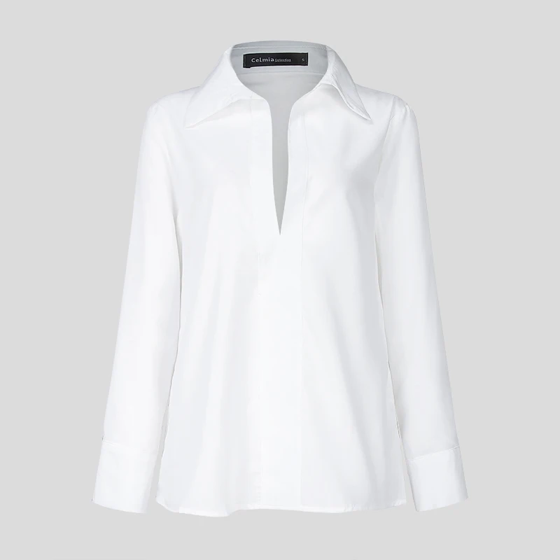 S-5XL, Женская белая рубашка с длинным рукавом, блузка,, Женская Повседневная однотонная, элегантная, офисная, топ, сорочка, Blusas Feminina размера плюс - Цвет: Белый