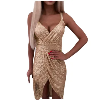 

2020 Women Sexy Club V Neck Glitter Sequin Splice Evening Party Mini Dress A-line Body Shapper Spring Lady Dress #LR2