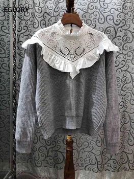 

2019 Autumn Winter Fashion Grey Black Pullovers Women Hollow Out Embroidery Patchwork Long Sleeve Casual Knitted Jumpers Ladies