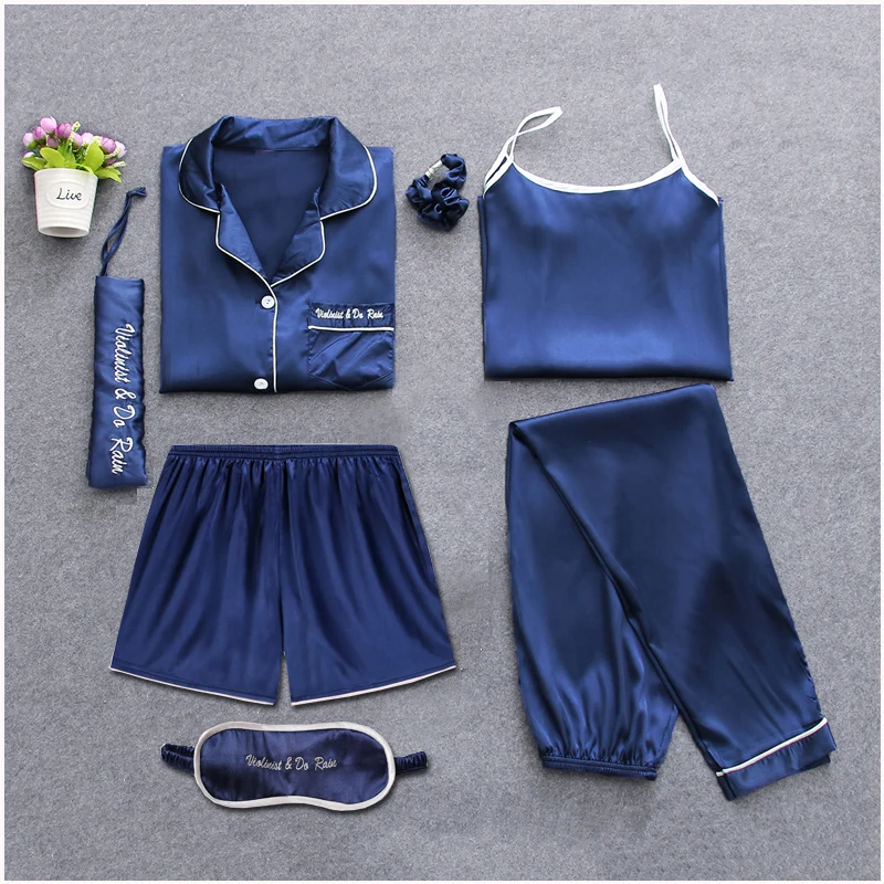 Strap Sleepwear Pyjamas Women's 7 Pieces Pink Pajamas Sets Satin Silk Lingerie Homewear Sleepwear Pyjamas Set Pijamas For Woman
