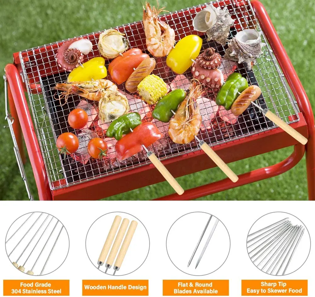 Kebab Skewers 20 Pcs Stainless Steel BBQ Reusable Flat Round Barbecue Grilling Wooden Handle Quick Meat String | Дом и сад