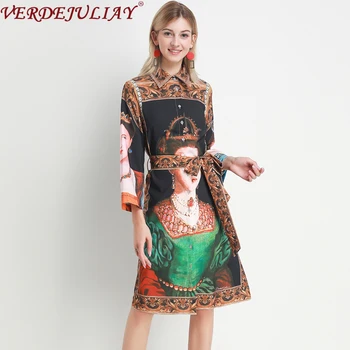 

VERDEJULIAY Fashion Runway Autumn Dress Women's Long Sleeve Vintage Girls Printed Luxury Belt Split Paty Casual Slim Midi Dress