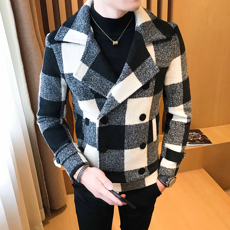 2019 new men's short woolen coat double-breasted design plaid casual woolen coat winter thick warm coat windbreaker Asia M-5XL 2019 new men's short woolen coat double-breasted design plaid casual woolen coat winter thick warm coat windbreaker Asia M-5XL