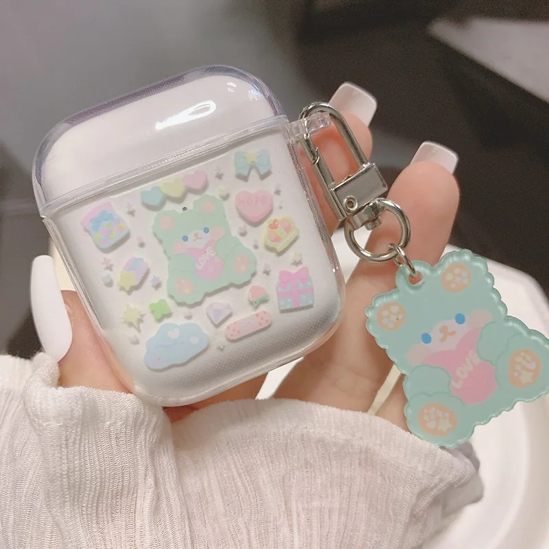Precio reducido Funda rígida con colgante de oso de dibujos animados para airpod pro, funda transparente bonita para airpod 1, 2, 3, inalámbrica, bluetooth 7WJoRNVbXKa