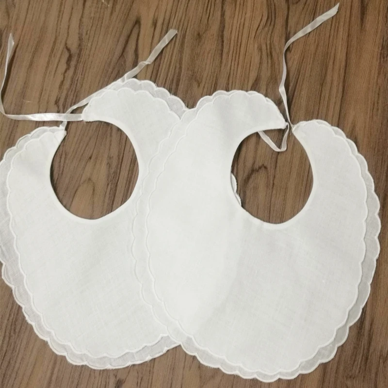 Set of 12 Fashion White Linen Double Scalloped Baby Bib 9"x9"inch dressy bibperfect for any special occasion