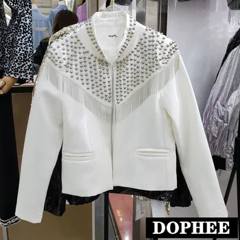

Celebrity 2020 Spring New Industrial Metal Rivet Tassels Chain Stand Collar Suit Cropped Jacket Tops Women's Short Jackets