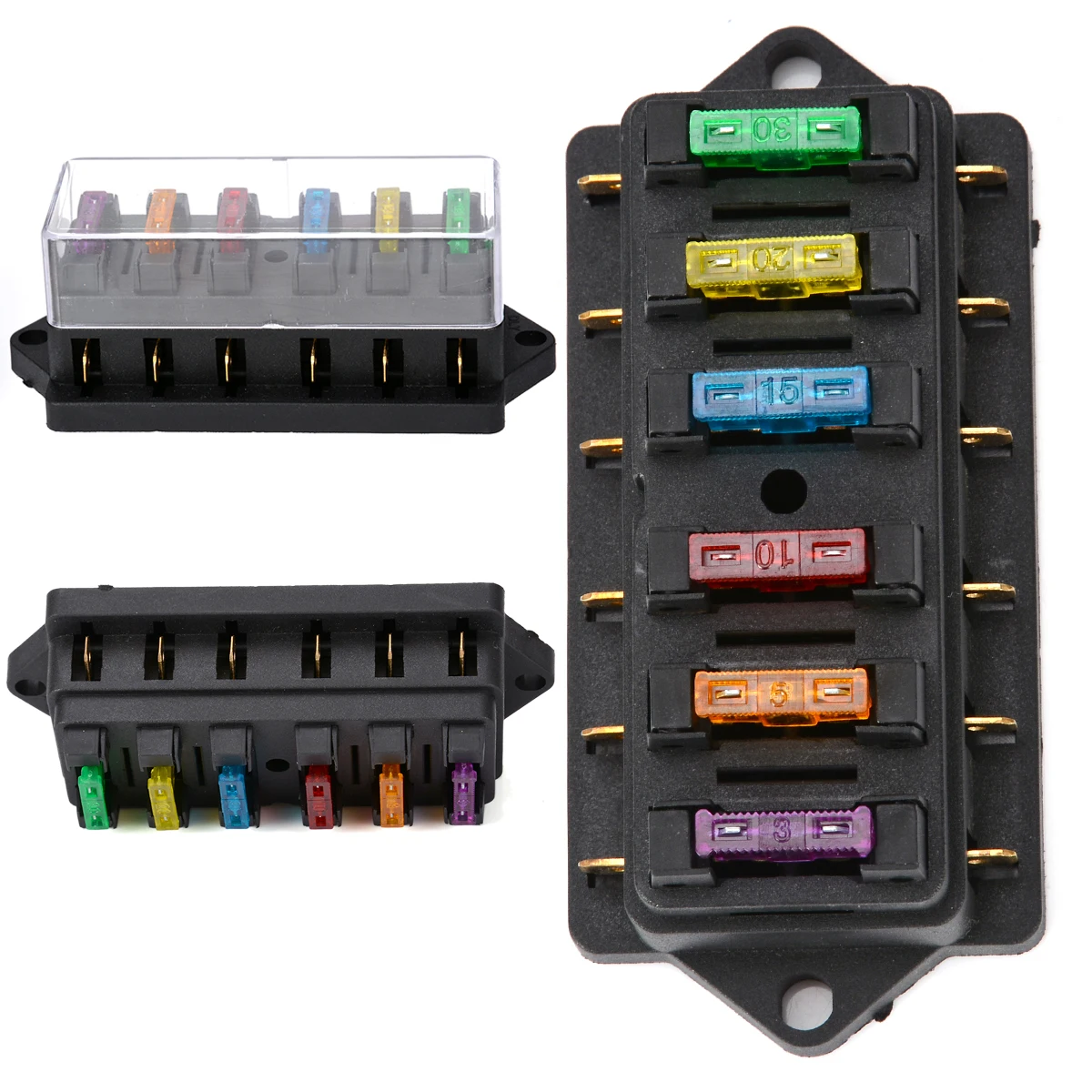 

6 Way Circuit Standard ATO Blade Fuse Box DC 12V/24V Car Fuse Block Holder with 6pcs 3A-30A Fuses